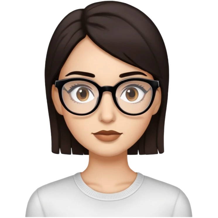 Average dark brunette hair, with glasses dark brown eyes,lashes, black thin eyebrows,  emoji