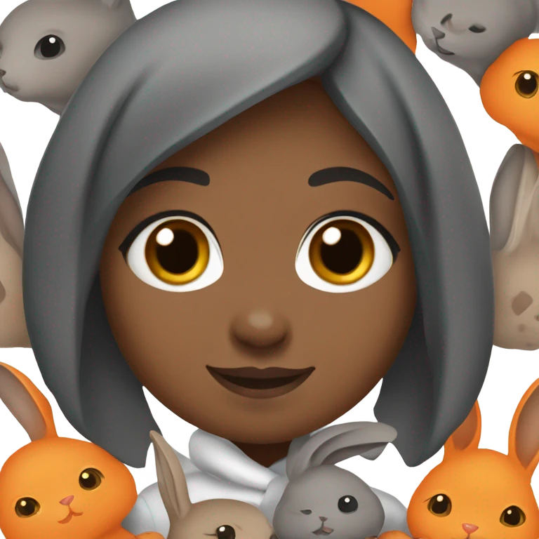 Black Muslim girl holding her 3 cute orange, gray, and mix colored holland lop bunnies emoji