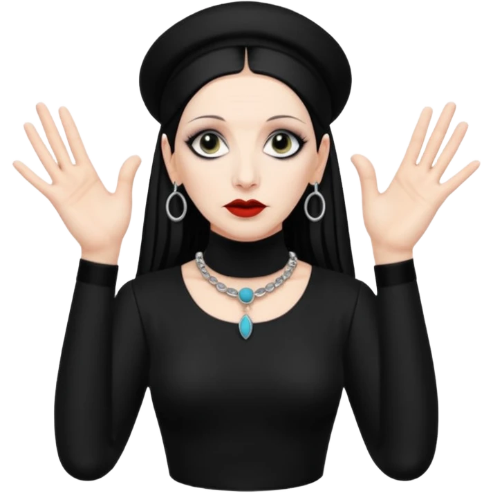 Lene Lovich shown as on the Stateless album cover with a typical symmetrical hand pose emoji