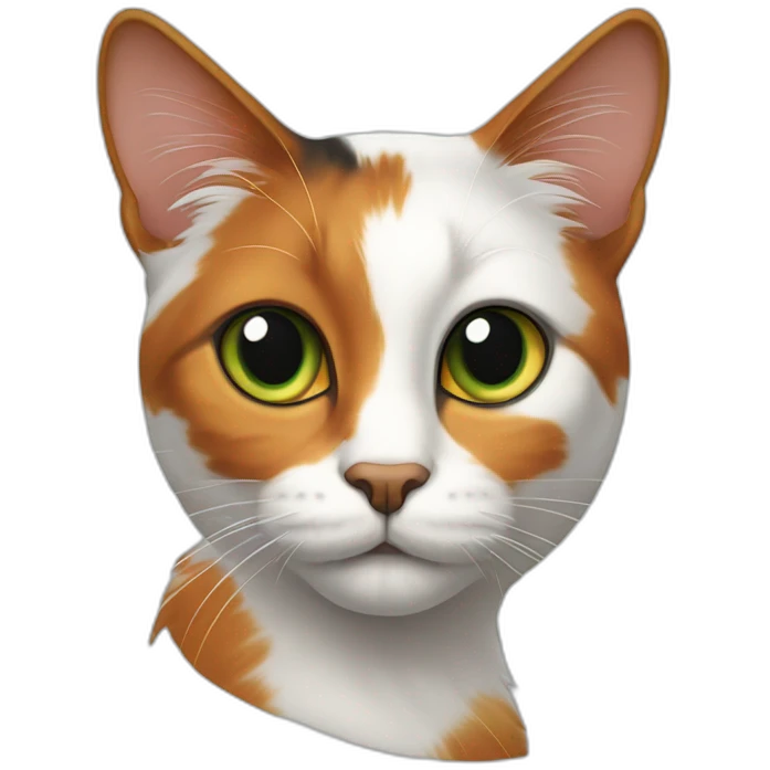 calico cat, green iris, black covering right side forehead and left eye brow, orange right ear emoji