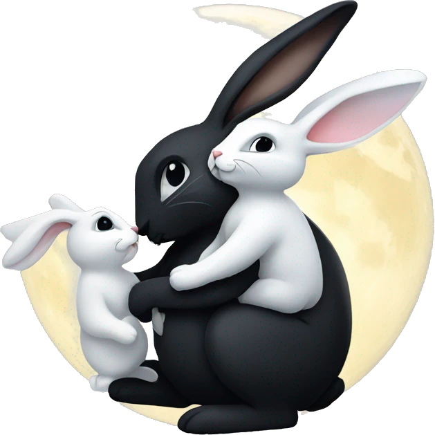 Black rabbit hugging white rabbit with moon behind them emoji