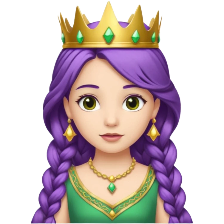 Princesses, with Gold Crown on purple braid hair, with green dress emoji