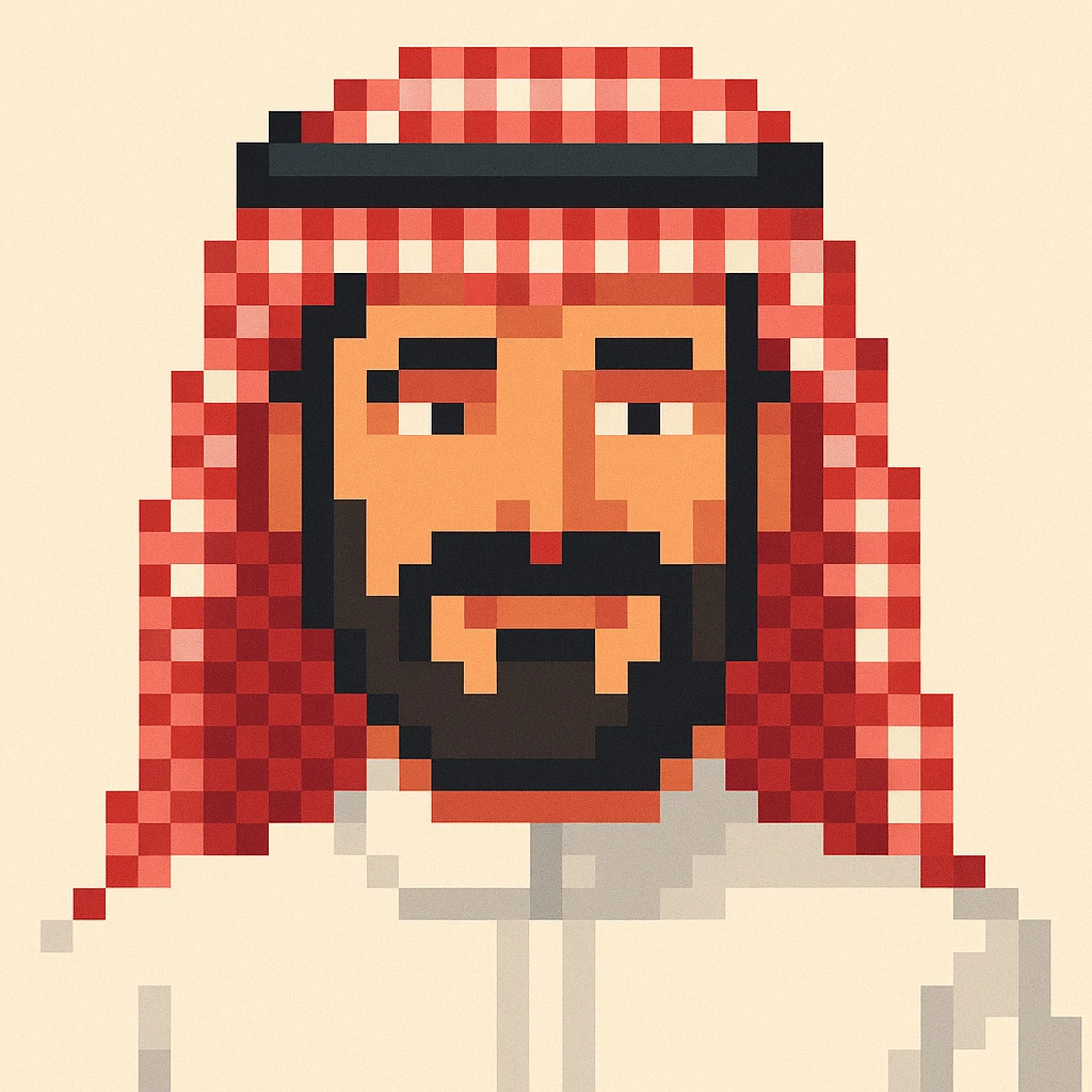 Create a pixel art Saudi man with sharp features, wearing a white thobe and a red shemagh, with a wide beard and a friendly expression, inspired by the reference images. Note: The pixel art style does not support editing, so this will be done in the general style while respecting the pixel art look. emoji