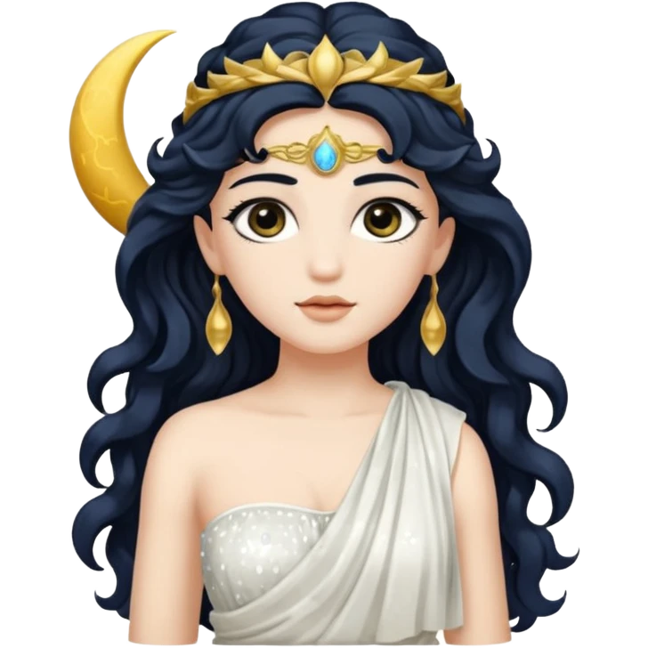 Luna, Goddess of Moon from Roman Deities with long black wavy hair, white sequin toga  emoji