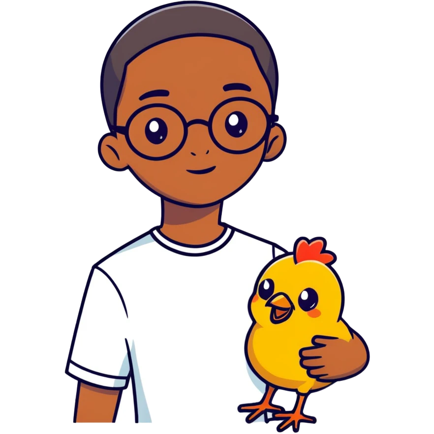 African boy with straight short hair that goes down to his forehead with glasses holding a chicken and small eyes emoji