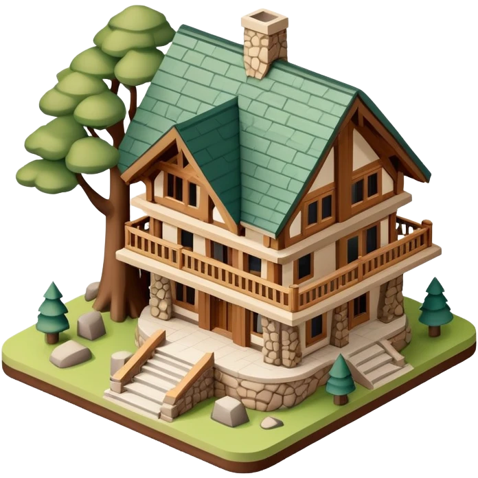 National Parks lodge, isometric dollhouse-style, realistic emoji