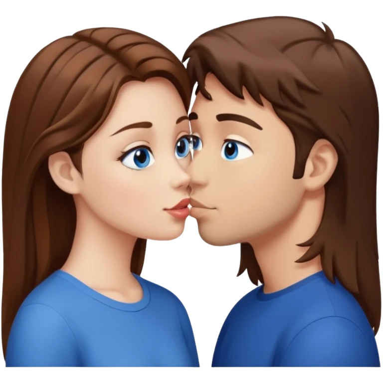 Girl with brown hair and blue eyes giving guy with brown hair and eyes a kiss emoji