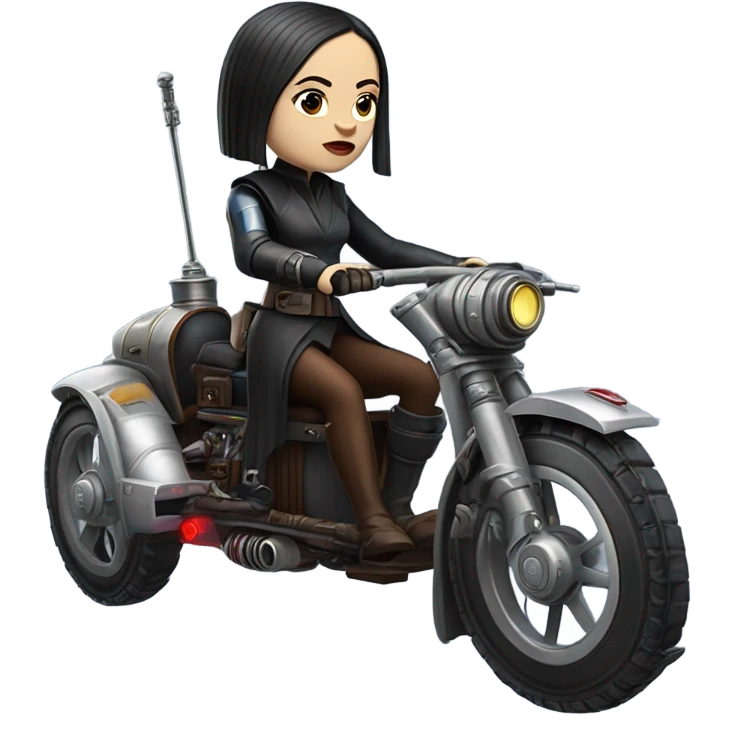 Jedi bounty hunter Wednesday Addams racing in a modern blue,red and pewter steampunk electric luxury flying speeder bike from Star Wars  emoji