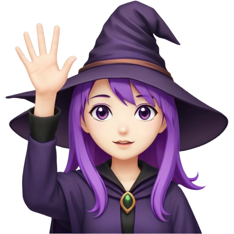 anime girl with purple hair in witch hat waving hand emoji
