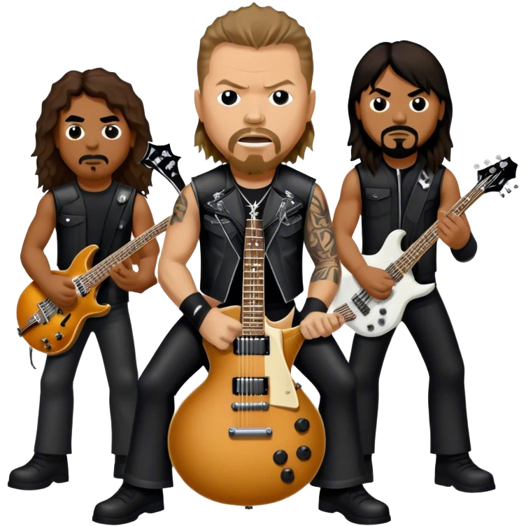 Icon for Metal Music: Metallica band four members detailed in their signature look. James Hetfield with guitar, Lars Ulrich on drums, Kirk Hammett with his electric guitar, and Robert Trujillo playing bass. Bold, energetic style, all in a heavy metal aesthetic. Transparent background. emoji