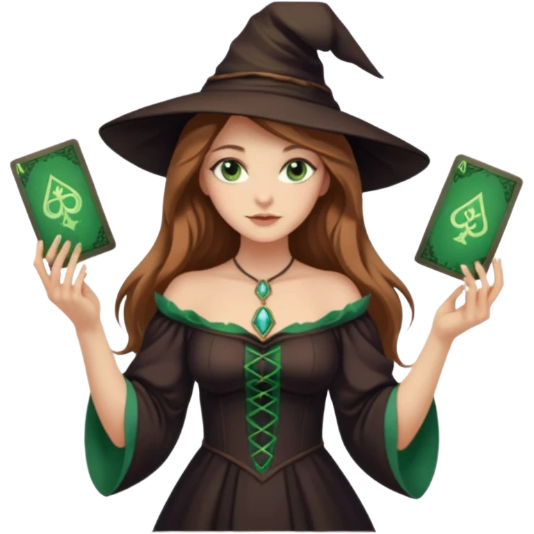  witch girl with long light brown hair and green eyes and Tarot cards without hat and in sexy dress  emoji