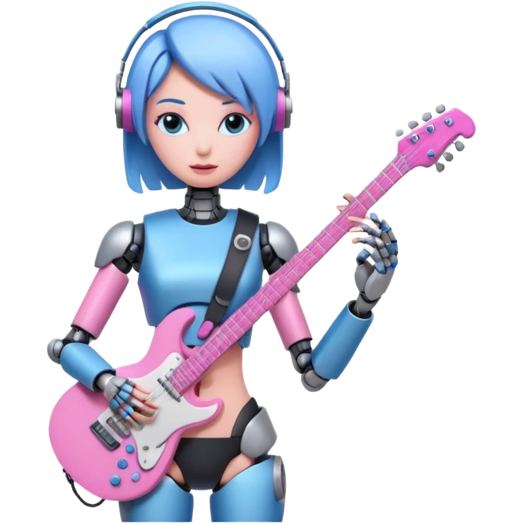 a cyper robot carry her note and electric guitar and try to change the world with pink and bluecolor emoji