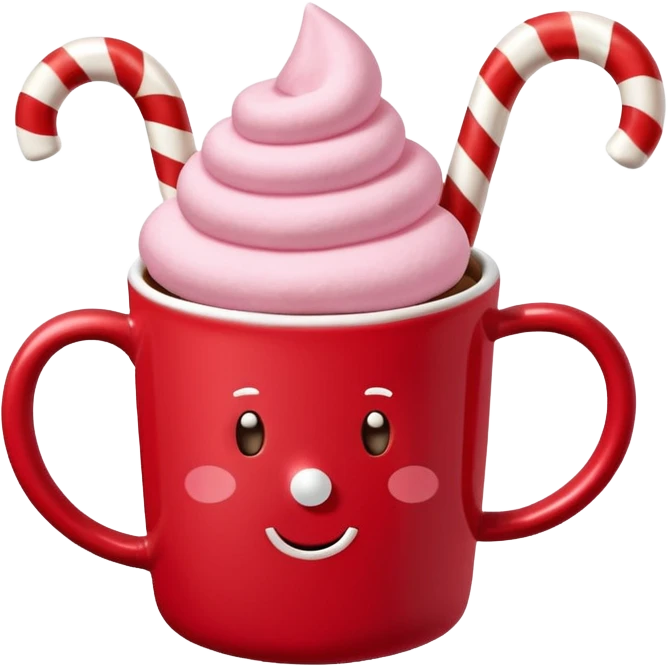 hot chocolete with pastel pink marshmallows in red christmas mug and candy cane emoji