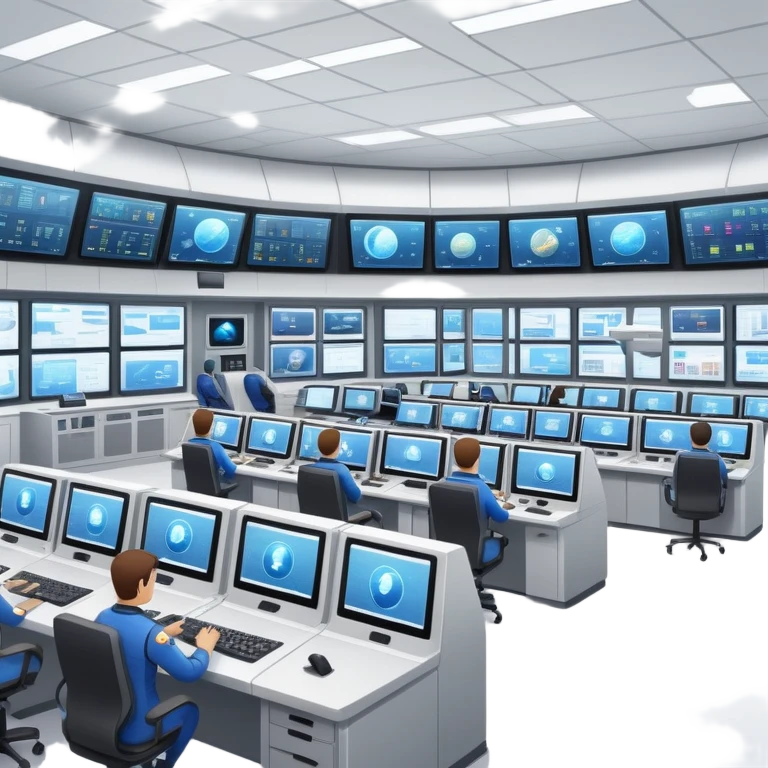 space mission control room with multiple screens and operators at desks emoji