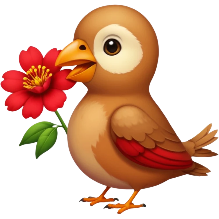 A bird carrying a red flower in its mouse  emoji