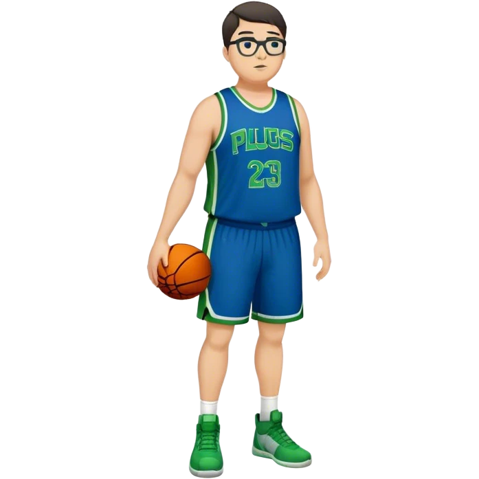 Full Body plus size white male with dark short hair basketball player wearing glasses wearing blue green uniform emoji