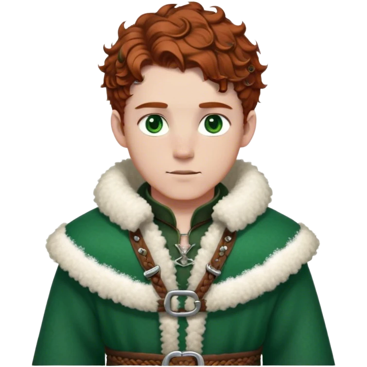 Medieval winter outfit worn by a DnD themed fantasy male character. Rich brown leather-trimmed wool tunic with sheepskin lining, featuring intricate metal buckles at the collar, paired with a heavy braided belt. Clothes only above the waist, full waist coverage. The character has no arms. Character is white-skinned with auburn hair, emerald green eyes, and short curly hair beneath a light dusting of snow. emoji
