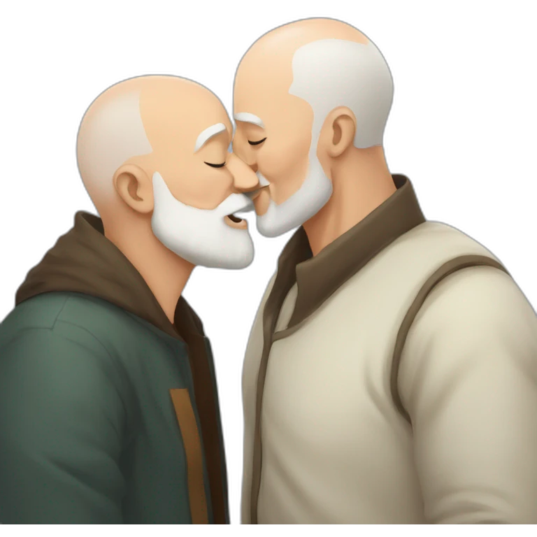 older buzz cut European white bearded  man kissing bald older Ethiopian bearded  man emoji