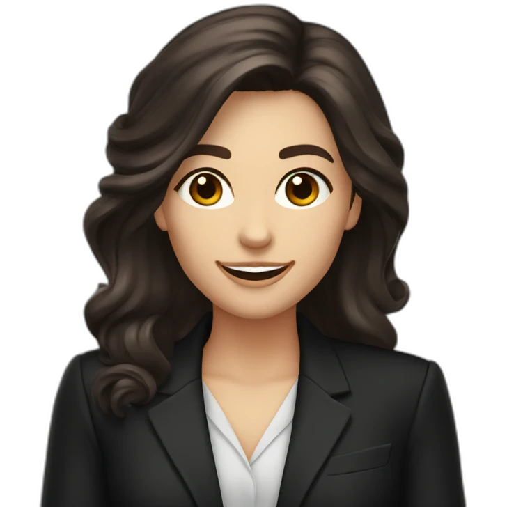 Caucasian Woman with voluminous long dark brown hair, dark brown eyes, pretty smile, dressed with a black blazer. Pointing up emoji