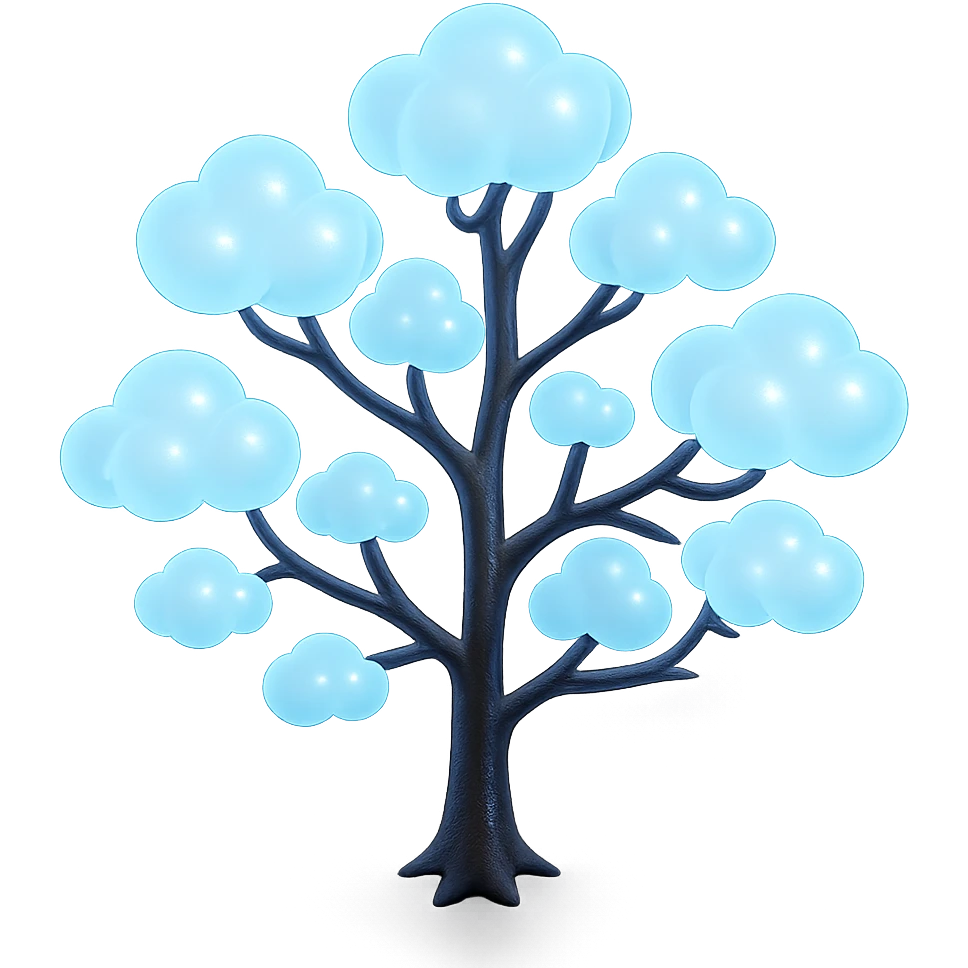 one tree with many branches, each branch covered with small, very bright white, saturated color, fluffy convex clouds, matte glass style, focus on volume and glowing effect of clouds, no background emoji
