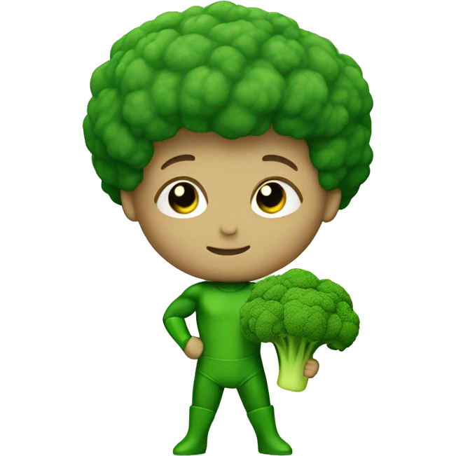 cute mini superhero with green clothes and a broccoli as hair,  full body saying hello emoji