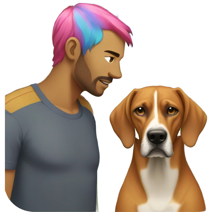 white male with long rainbow colored hair standing alongside a brown rhodesian ridgeback emoji