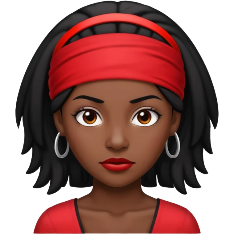 Black woman lawyer with long black hair and red headband, strong and sharp expression emoji