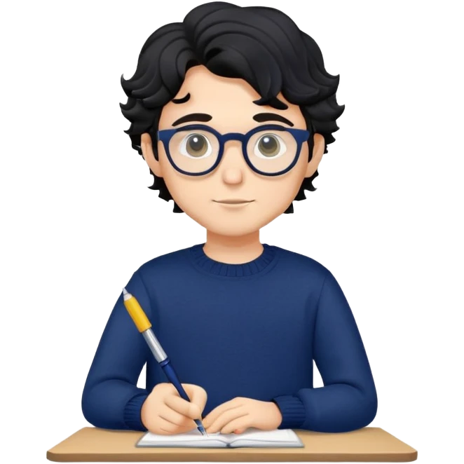 Young caucasian man with black wavy hair, round glasses, navy blue sweater, holding a pen, designer emoji