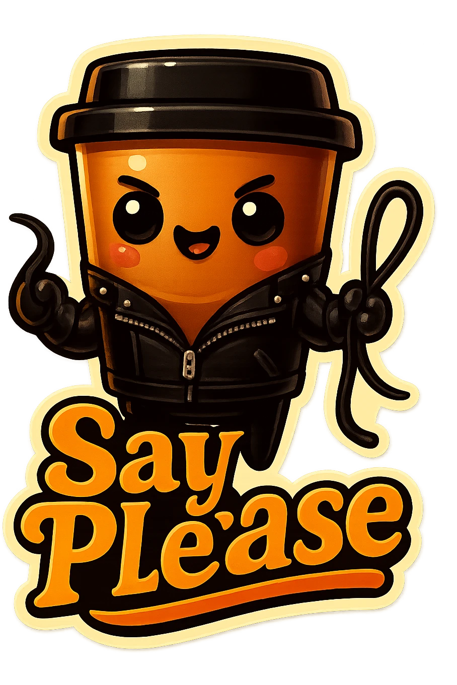 Tall coffee cup, dressed in leather holding a whipping crop, mischevious, "big "Say Please" emoji