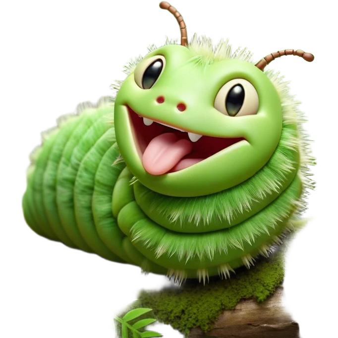 Cinematic Realistic Cute Yawning Caterpillar Portrait Emoji, Head tilted slightly with a dramatic, wide-open yawn, showcasing a soft, downy segmented body in vivid green with subtle drooping and half-closed, drowsy eyes, rendered with intricate natural texture and gentle shadows, high shine, relaxed yet expressive, styled with a dash of woodland charm, soft glowing outline, capturing the essence of a sleepy yet affectionate caterpillar that appears ready to stretch out and rest among the leaves! emoji
