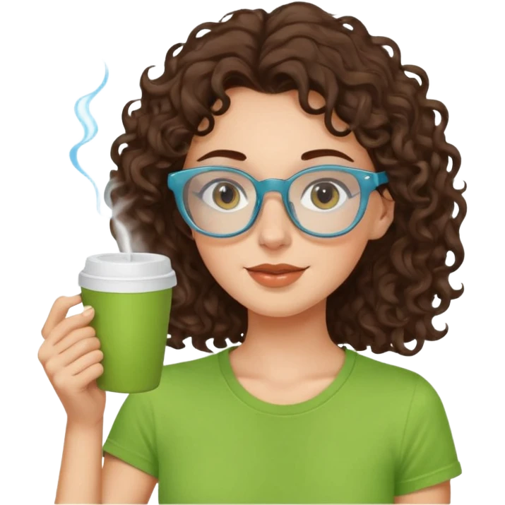 White girl with dark brown curly hair, brown eyes, sky blue glasses, apple green t shirt, drinking coffee emoji