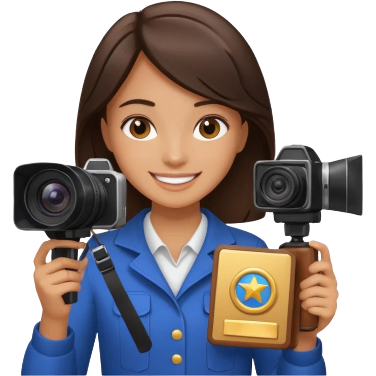 A brunette girl smiling, she’s a proud and successful filmmaker 🍿🌍✨ she’s next to a camera, / holding awards  emoji