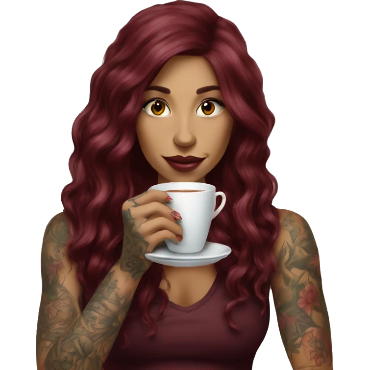 Beautiful tattooed  burgundy long haired woman sipping tea emoji