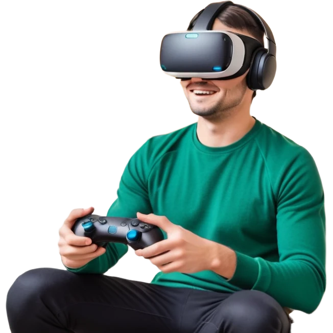 Homme noir, week-end détente, avec casque VR et manette PS 2025, assis dans un salon cosy décor Noël. Père Noël à côté, sourire amical, sapin illuminé, guirlandes et cadeaux au sol. Style réaliste, lumineux, ambiance festive & gaming. emoji