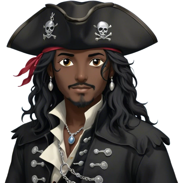 A charismatic pirate with wavy black hair tousled by the sea breeze. His black tricorn hat, embroidered with silver, casts a shadow over his confident features. Dark eyes glint with mischief as he gazes to the side, a knowing smile on his lips. His fitted black coat, adorned with silver buttons. A silver chain dangles from his belt emoji
