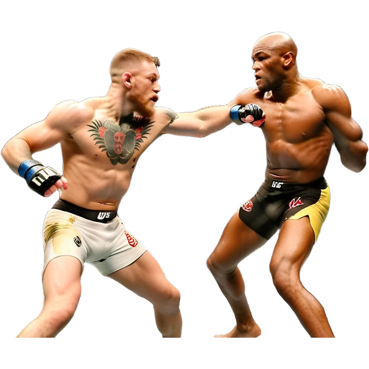An MMA showdown between Conor McGregor and Anderson Silva in the octagon. McGregor is executing a powerful jumping strike, while Silva is expertly blocking the attack with his forearm. The background features the UFC octagon, fans in the distance, and dynamic action. Transparent background emoji