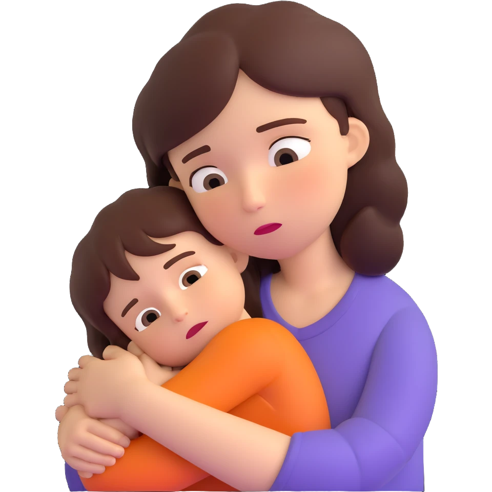 mother hugging sad child, expressive faces emoji