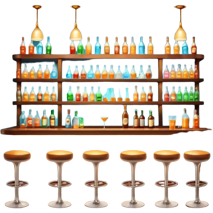 A 3D cartoon bar interior with bottles on glass shelves, counter lighting, high stools, and glowing drink glasses, warm ambient light, realistic Memoji-style. emoji