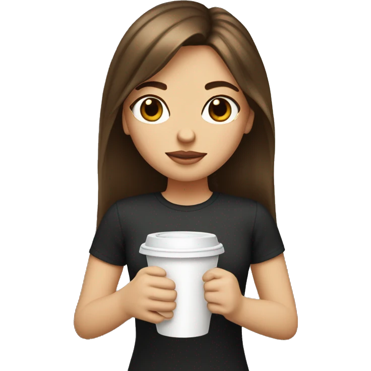Girl with brown hair, curtain bangs and white skin holding stabucks cup emoji