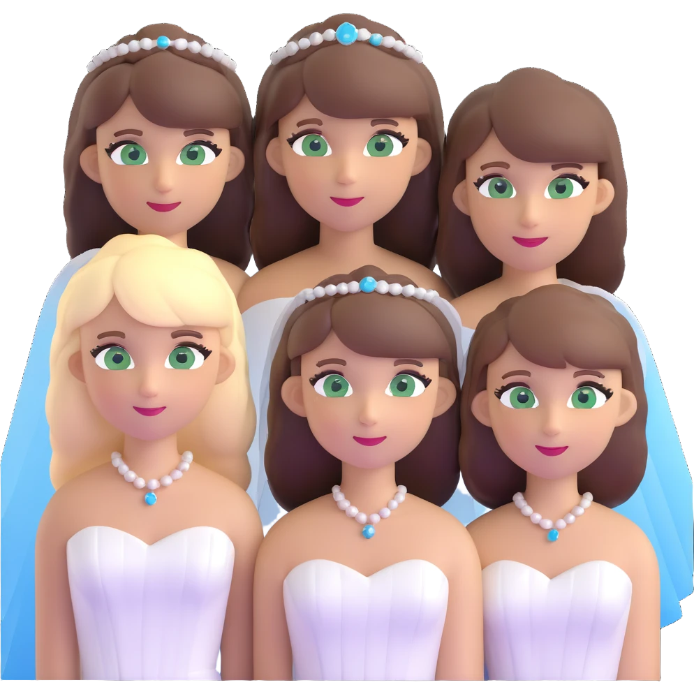 bachelorette party group of 4 girls, one with brown hair, blue eyes, fringe; two with brown hair; one bride with green eyes, blonde shoulder-length hair emoji