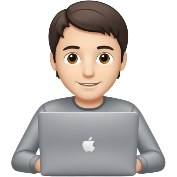 A white brunette man in his mid 20s, middle parted short hair, average dude with slightly droopy eyes, happy, using a silver laptop (no logo) emoji