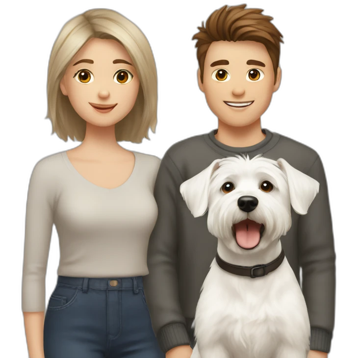 family photo included west highland white terrier boy 21 years old with short haircut and girl 24 years old with brown hair emoji