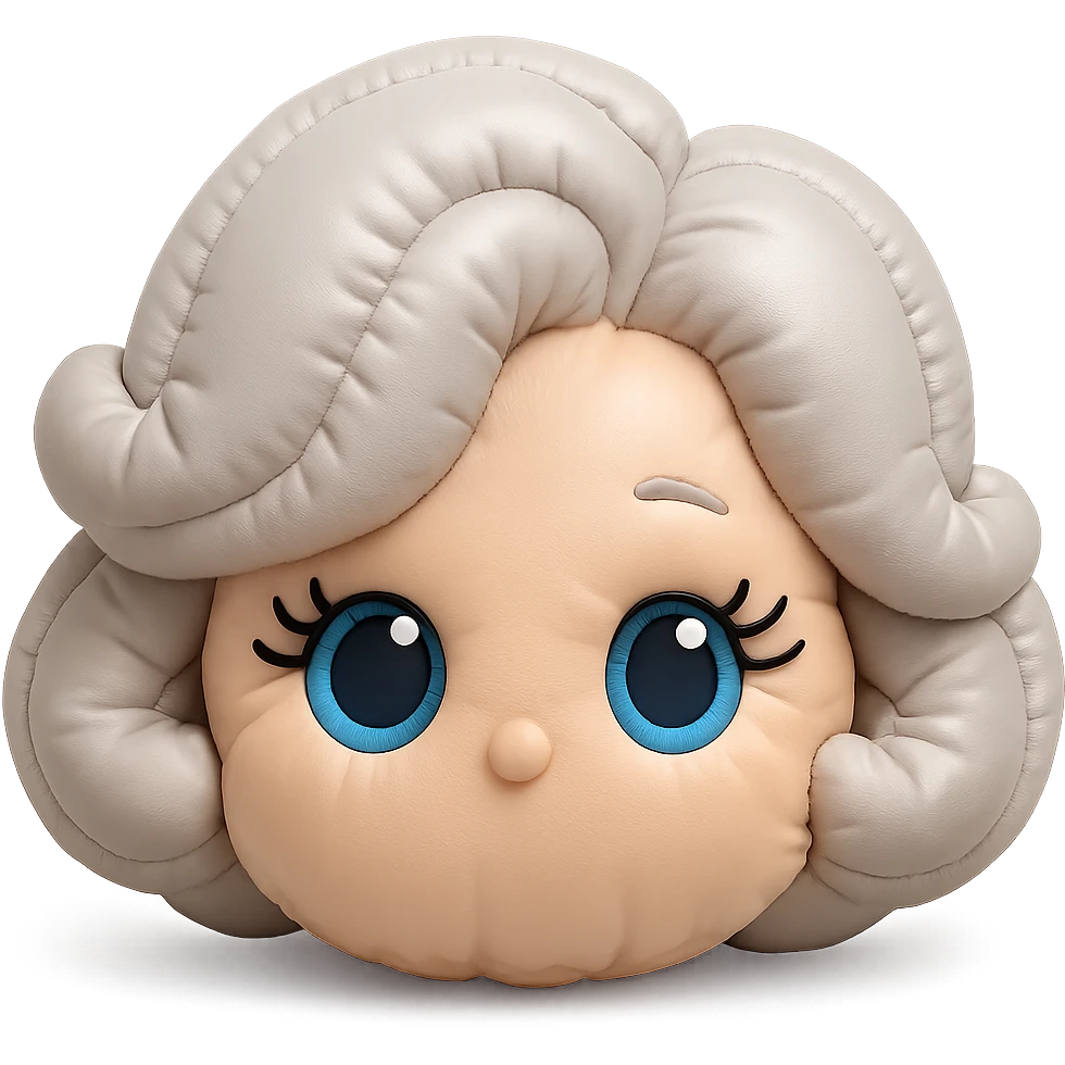 Add cute, plush-style eyelashes to the eyes, keep pure silver grey hair, blue eyes, 1940s bob hairstyle, no body, no mouth, no white border, transparent background in cushion style. emoji