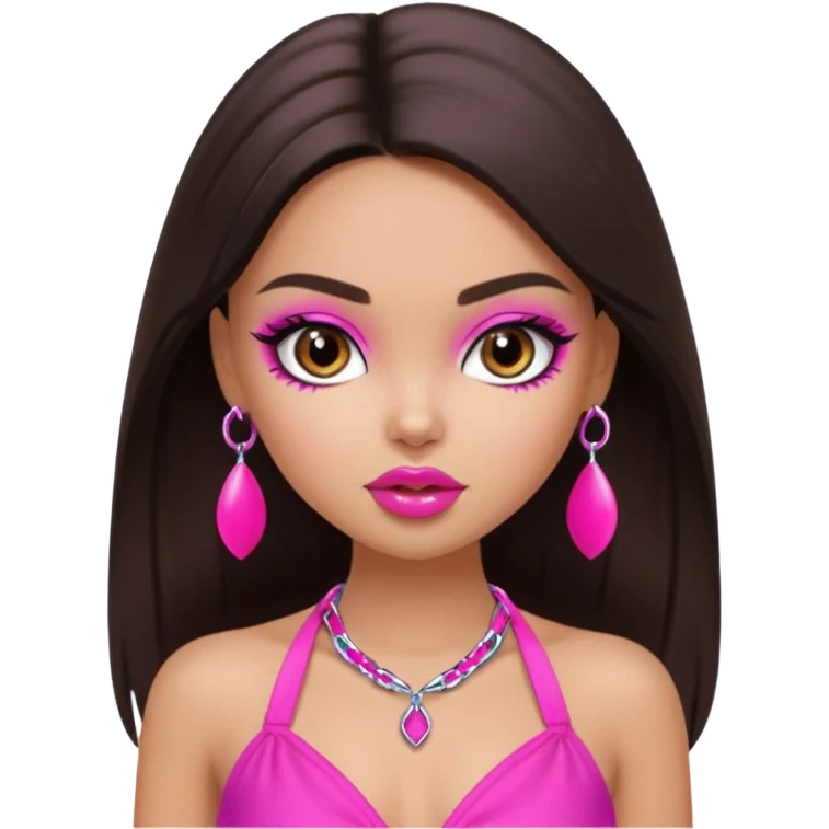 generate a pretty fair bratz girl with dark brown eyes, dark brown hair straight long. Wearing a hot pink halter neck top.  pink lipgloss emoji