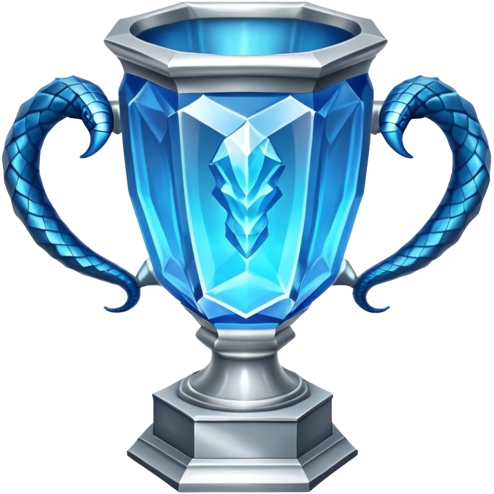 exact replica of Harry Potter Triwizard Cup trophy, hexagonal faceted cup with two curved snake handles, silver with blue glow emoji