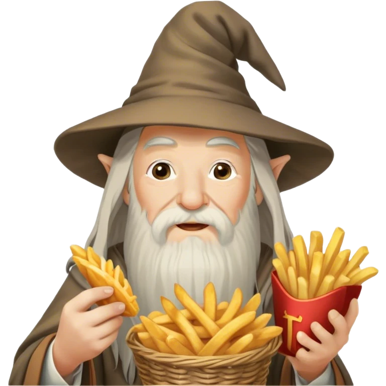 gandalf eating fries, holding a small basket of golden, crispy fries in one hand and a fry in the other. his iconic long white beard and wizard hat are present, with a playful expression as he enjoys the snack. the background is a cozy tavern with warm lighting and a whimsical atmosphere emoji