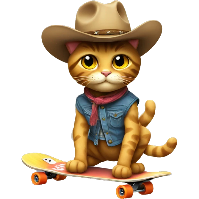 a cool cowboy cat on skateboard, lively emoji