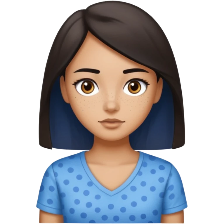 Wausau girl with dark brown eyes straight but voluminous middle length very dark brown hair, wearing a v neck t shirt with a white background and speckled blue pattern thin eyebrows that are sparse  emoji