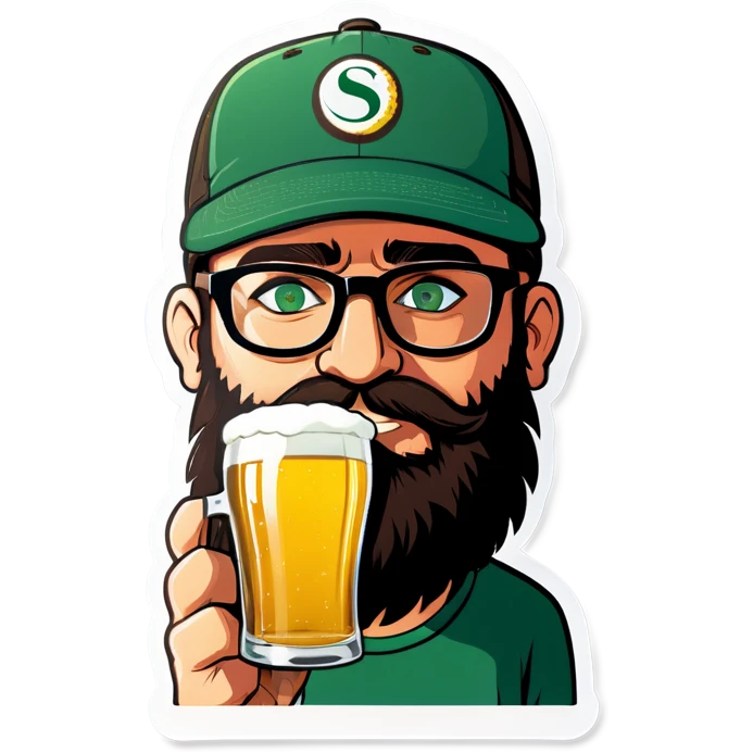 A man with a grey baseball cap, green eyes, big dark brown beard and glasses, drinking beer emoji