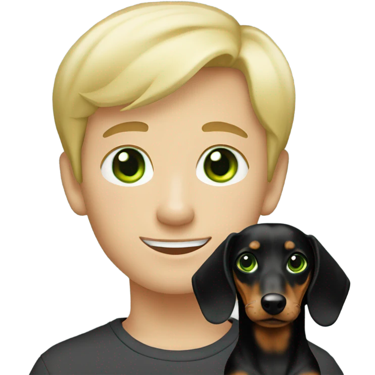 Green eyes short blonde hair boy with long black haired dachshund emoji